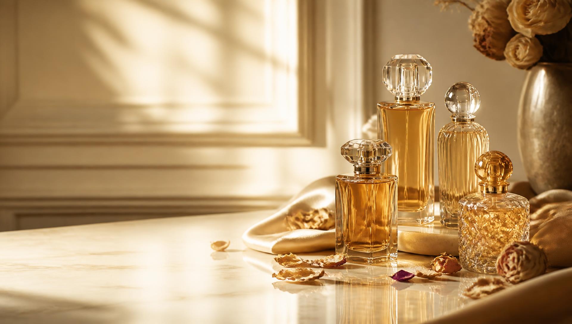 Frascos de perfumes importados originais sobre mármore com luz dourada