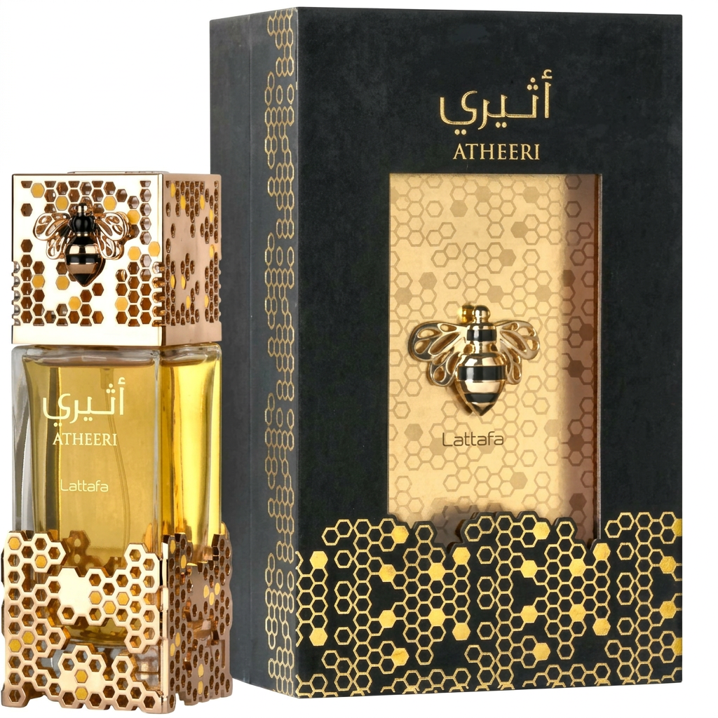 Frasco do perfume Atheeri da Lattafa 100 ml, unissex árabe ambarado