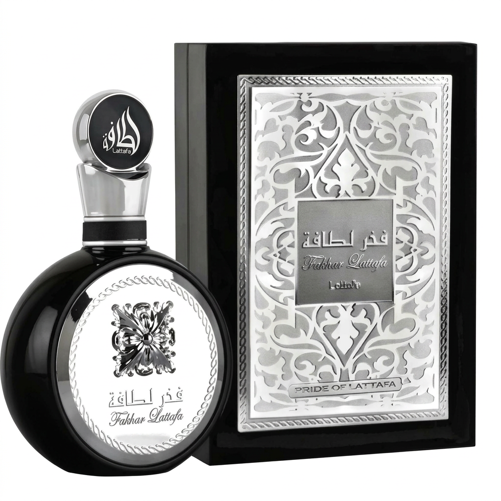 Frasco do perfume Fakhar Platinum da Lattafa 100 ml, masculino fresco árabe