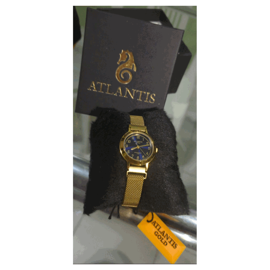 Relógio Atlantis Gold com mostrador azul e pulseira mesh dourada